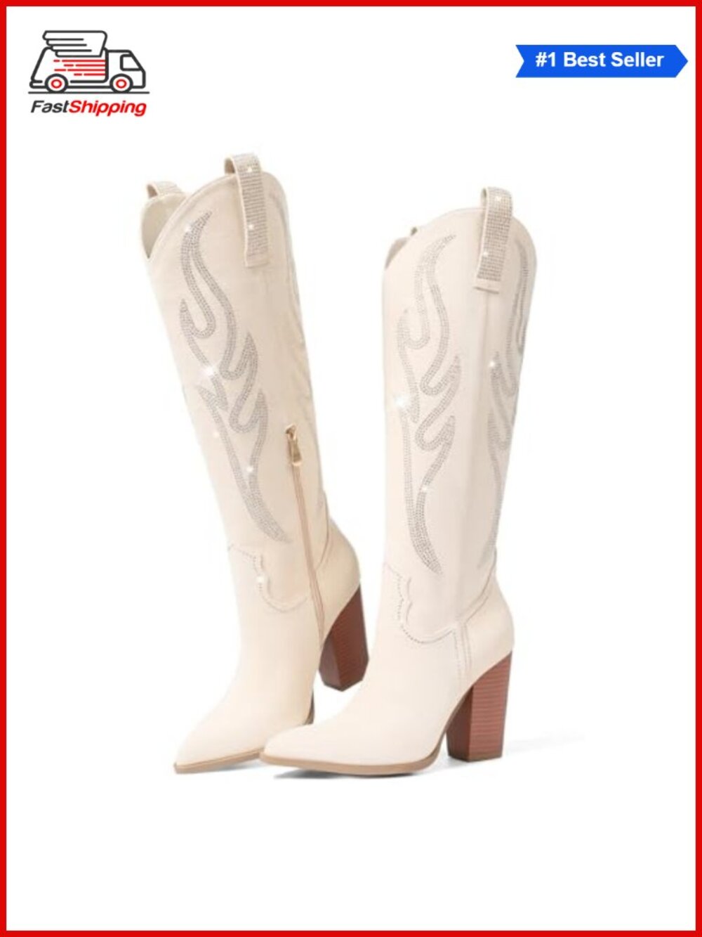 Embroidered Rhinestone Cowgirl Boots Knee-High Chunky Heel